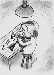 Size: 956x1328 | Tagged: safe, artist:spackle, oc, oc only, oc:buck evergreen, earth pony, pony, ar-15, brush, cleaning, field strip, gun, lamp, lube, male, missing accessory, monochrome, rag, rifle, solo, stallion, stool, table, traditional art, weapon