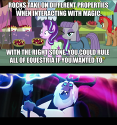Size: 1280x1366 | Tagged: safe, edit, edited screencap, screencap, cherry spices, maud pie, starlight glimmer, storm king, earth pony, pony, unicorn, g4, my little pony: the movie, rock solid friendship, background pony, female, fridge horror, mare, market, meme, obsidian orb, staff, staff of sacanas, text, the implications are horrible, this will end in tears, unfortunate implications