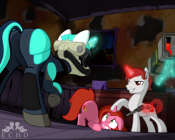 Size: 2000x1600 | Tagged: safe, artist:ponyecho, oc, oc only, oc:cherry pin, oc:dragonfire, oc:mr red, pony, unicorn, fallout equestria, fallout equestria: child of the stars, at gunpoint, butt, fallout, female, gas mask, gun, hostage, imminent death, imminent murder, levitation, magic, male, mare, mask, office, plot, rear view, show accurate, stallion, tail, tail hole, telekinesis, threatening, weapon