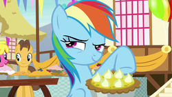 Size: 1920x1080 | Tagged: safe, screencap, caramel, cherry berry, rainbow dash, pegasus, pony, g4, secrets and pies, female, food, lidded eyes, mare, mischievous, pie, pointing