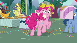 Size: 1920x1080 | Tagged: safe, screencap, blues, bon bon, comet tail, noteworthy, pinkie pie, sweetie drops, earth pony, pony, unicorn, g4, secrets and pies, angry, betrayed, butt, confetti, female, furious, male, mare, messy, plot, stallion