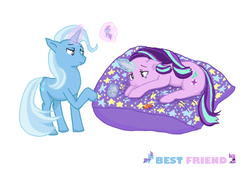 Size: 992x680 | Tagged: dead source, safe, artist:oeo, starlight glimmer, trixie, pony, unicorn, g4, best friends, crying, cushion, figurine, floating, friendshipping, glowing horn, horn, sad, sadlight glimmer