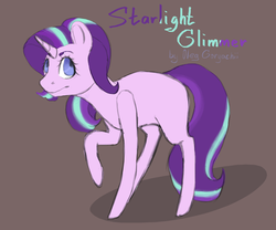 Size: 1280x1063 | Tagged: safe, artist:schwarzes-toby-jh, starlight glimmer, pony, unicorn, g4, brown background, female, missing cutie mark, raised hoof, simple background, solo