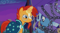Size: 800x450 | Tagged: safe, screencap, starlight glimmer, sunburst, trixie, pony, unicorn, g4, uncommon bond, animated, bondage, cape, chained, chains, clothes, female, gif, glasses, glowing horn, horn, magic, male, mare, out of context, stallion, sweat, sweating profusely, telekinesis, too tight, trio, unsexy bondage