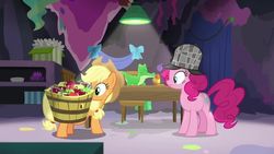 Size: 852x480 | Tagged: safe, screencap, applejack, gummy, pinkie pie, pony, g4, secrets and pies, basket, deerstalker, detective, hat, party cave, sherlock holmes, sherlock pie