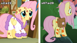 Size: 750x421 | Tagged: safe, screencap, fluttershy, pegasus, pony, a health of information, g4, hurricane fluttershy, bathrobe, butt, clothes, comparison, dressing gown, female, funny aneurysm moment, mare, messy mane, plot, pony pox, robe, saddle bag, sick, swamp fever