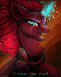 Size: 1024x1299 | Tagged: safe, artist:ognevitsa, tempest shadow, pony, g4, my little pony: the movie, broken horn, female, horn, magic, open up your eyes, solo, sparking horn