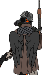 Size: 762x1246 | Tagged: safe, alternate version, artist:sythenmcswig, oc, oc only, oc:crafted sky, hippogriff, anthro, ak-47, assault rifle, camouflage, clothes, gas mask, gloves, gun, helmet, longcoat, looking away, male, mask, playerunknown's battlegrounds, rifle, shotgun, simple background, stallion, weapon