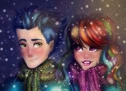 Size: 721x522 | Tagged: safe, artist:dagnesmoon, rainbow dash, soarin', human, g4, clothes, female, humanized, male, multicolored hair, ship:soarindash, shipping, smiling, snow, snowfall, straight