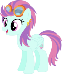 Size: 1024x1219 | Tagged: safe, artist:ra1nb0wk1tty, indigo zap, sunny flare, pegasus, pony, g4, ear piercing, earring, equestria girls ponified, female, goggles, jewelry, mare, piercing, ponified, recolor, simple background, solo, transparent background
