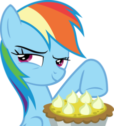 Size: 1500x1649 | Tagged: safe, artist:phucknuckl, rainbow dash, pony, g4, secrets and pies, female, food, mare, multicolored hair, pie, simple background, smiling, solo, transparent background, vector