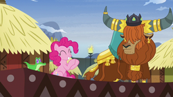 Size: 1280x720 | Tagged: safe, screencap, gummy, pinkie pie, prince rutherford, alligator, earth pony, pony, yak, not asking for trouble, clapping, crown, ear piercing, earring, female, horn ring, jewelry, male, mare, piercing, regalia, sitting
