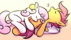 Size: 1279x721 | Tagged: safe, artist:replacer808, scootaloo, sweetie belle, pegasus, pony, unicorn, g4, blank flank, cuddling, female, filly, pillow, simple background, sleeping