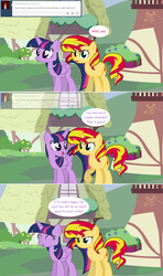 Size: 1280x2168 | Tagged: safe, artist:hakunohamikage, sunset shimmer, twilight sparkle, alicorn, pony, unicorn, ask-princesssparkle, g4, ask, comic, eyes closed, female, mare, scrunchy face, tumblr, twilight sparkle (alicorn)