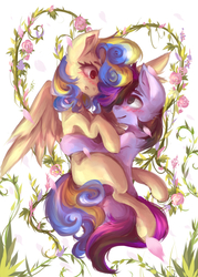 Size: 1000x1400 | Tagged: safe, artist:pinkymynery2212, oc, oc only, pegasus, pony, blushing, female, flower, heart, looking at each other, male, mare, oc x oc, shipping, smiling, stallion, straight