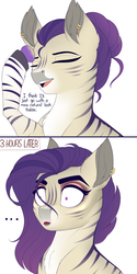 Size: 1500x3000 | Tagged: safe, artist:evehly, oc, oc only, oc:nikki, hybrid, zebra, zebroid, zonkey, ..., 2 panel comic, bust, chest fluff, comic, dialogue, ear fluff, ear piercing, earring, eyes closed, eyeshadow, female, frown, hoof hold, jewelry, lipstick, makeup, mare, messy mane, open mouth, piercing, quadrupedal, simple background, smiling, solo, white background, wide eyes, zebra oc