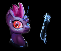 Size: 2377x1979 | Tagged: safe, artist:drafthoof, tempest shadow, pony, g4, my little pony: the movie, bust, eye scar, glowing horn, gun, heterochromia, horn, magic, portrait, scar, shotgun, solo, sparking horn, telekinesis, terminator, weapon