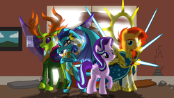 Size: 4000x2250 | Tagged: safe, artist:crisostomo-ibarra, princess ember, starlight glimmer, sunburst, thorax, alicorn, changedling, changeling, dragon, pony, fanfic:revelations of the apocalypse, g4, alicornified, alternate timeline, armor, dragon lord ember, fanfic art, group, king thorax, race swap, starlicorn, the twirageous saga, xk-class end-of-the-world scenario
