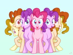 Size: 3200x2400 | Tagged: safe, artist:docwario, pinkie pie, earth pony, pony, g4, female, high res, looking at you, mare, multeity, open mouth, palette swap, raised hoof, recolor, self ponidox, simple background, smiling, too much pink energy is dangerous