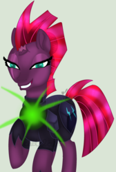 Size: 1744x2600 | Tagged: safe, artist:castelainmlp, tempest shadow, pony, unicorn, g4, my little pony: the movie, armor, broken horn, eye scar, female, horn, mare, scar, simple background, smiling, solo