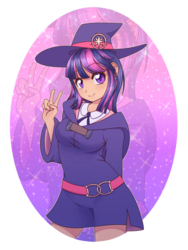 Size: 1024x1365 | Tagged: safe, artist:mittz-the-trash-lord, twilight sparkle, human, g4, belt, clothes, crossover, cute, dress, female, hat, humanized, little witch academia, peace sign, side slit, smiling, solo, twiabetes, witch, witch hat, zoom layer