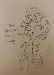 Size: 1344x1881 | Tagged: safe, artist:tjpones, starlight glimmer, pony, unicorn, g4, bipedal, black and white, chest fluff, dialogue, female, grayscale, howdy, impersonating, implied applejack, lineart, meme, monochrome, silly, silly pony, solo, special eyes, toy story, traditional art