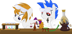 Size: 1481x712 | Tagged: safe, artist:xenoneal, oc, oc only, oc:butcher knife, oc:windwhirl, earth pony, pony, unicorn, .svg available, boiler, chemistry, clothes, female, flask, lab coat, lantern, male, mare, scale, science, simple background, stallion, svg, test tube, transparent background, vector, watch