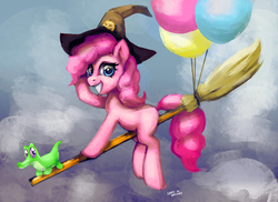 Size: 2200x1600 | Tagged: safe, artist:hardbrony, gummy, pinkie pie, pony, g4, balloon, broom, female, flying, flying broomstick, halloween, hat, holiday, mare, missing cutie mark, smiling, witch, witch hat