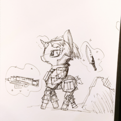 Size: 1440x1442 | Tagged: safe, artist:tjpones, oc, oc only, pony, unicorn, armor, ear fluff, grayscale, gun, knife, magic, monochrome, solo, telekinesis, traditional art, weapon