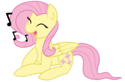 Size: 1024x670 | Tagged: safe, artist:azure-quill, fluttershy, pegasus, pony, g4, cute, eyes closed, female, folded wings, lying, mare, music notes, prone, simple background, singing, smiling, solo, transparent background, vector