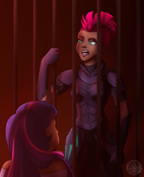 Size: 1280x1576 | Tagged: safe, artist:subduedmoon, tempest shadow, twilight sparkle, human, g4, my little pony: the movie, armor, cage, clothes, duo, eye scar, female, gloves, humanized, lipstick, makeup, open up your eyes, scar