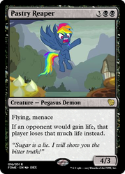 Size: 375x523 | Tagged: safe, rainbow dash, pegasus, pony, g4, secrets and pies, evil pie hater dash, food, magic the gathering, pie, trading card, trading card edit