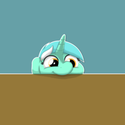 Size: 1280x1280 | Tagged: safe, artist:ljdamz1119, lyra heartstrings, pony, unicorn, g4, :t, blue background, cute, female, floppy ears, looking at you, lyrabetes, mare, nom, peeking, simple background, smiling, solo, soon, table
