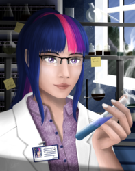 Size: 1589x2020 | Tagged: safe, artist:dezdark, twilight sparkle, human, g4, clothes, female, humanized, lab coat, solo, test tube