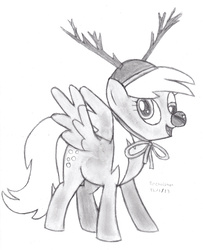 Size: 2305x2837 | Tagged: safe, artist:drchrisman, derpy hooves, pegasus, pony, g4, antlers, female, grayscale, high res, mare, monochrome, red nose, reindeer antlers, simple background, smiling, solo, traditional art, white background