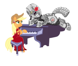 Size: 3500x3000 | Tagged: safe, artist:ghouleh, applejack, oc, oc:steelhooves, earth pony, pony, fallout equestria, g4, applejack's rangers, armor, clothes, cowboy hat, dress, element of honesty, fanfic, fanfic art, female, flower, gun, hat, hibiscus, high res, hooves, inktober, jewelry, male, mare, ministry mares, musical instrument, piano, power armor, red dress, shipping, simple background, stallion, steel ranger, straight, transparent background, weapon