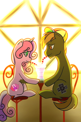 Size: 3352x5046 | Tagged: safe, artist:marshflower, button mash, sweetie belle, earth pony, pony, unicorn, g4, buttonbetes, colored, couple, cute, cutie mark, diasweetes, eye contact, female, hat, lidded eyes, light, looking at each other, male, mare, milkshake, older, sharing, sharing a drink, ship:sweetiemash, shipping, sitting, smiling, stallion, stool, straight, straw, table, the cmc's cutie marks, wavy mouth, window, wip