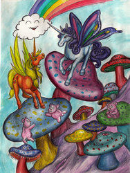 Size: 678x900 | Tagged: safe, artist:chewtoy, applejack, rarity, alicorn, pony, g4, alicornified, mushrooms, race swap, rainbow, teddy bear