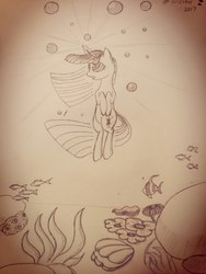 Size: 780x1040 | Tagged: safe, artist:oldteaowl, twilight sparkle, pony, g4, bubble, female, inktober, mare, solo, traditional art, underwater, water