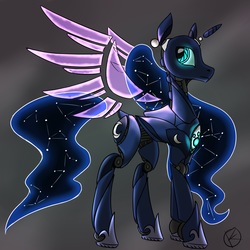 Size: 4000x4000 | Tagged: safe, artist:overkenzie, princess luna, alicorn, pony, robot, robot pony, g4, artificial wings, augmented, constellation, female, floating wings, horn, mechanical wing, princess lunabot, simple background, solo, wings