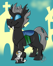 Size: 621x768 | Tagged: safe, artist:lilsunshinesam, oc, oc only, oc:der, oc:evening breeze, changeling, griffon, arm behind head, duo, male, micro, piercing