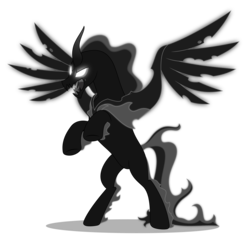 Size: 5000x4766 | Tagged: safe, artist:negatif22, pony of shadows, alicorn, pony, shadow pony, g4, shadow play, absurd resolution, adorabolical, adoracreepy, creepy, curved horn, cute, darkness, evil grin, glowing eyes, grin, horn, male, open mouth, rearing, shadorable, show accurate, simple background, smiling, solo, spread wings, transparent background, vector, wings