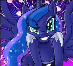 Size: 1510x1366 | Tagged: safe, artist:pencils, princess luna, alicorn, pony, cute, female, grin, heart, lunabetes, mare, smiling, solo, spread wings, squishy cheeks, starry eyes, wingding eyes, wings