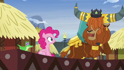 Size: 1280x720 | Tagged: safe, screencap, gummy, pinkie pie, prince rutherford, alligator, earth pony, pony, yak, g4, not asking for trouble, cloven hooves, crown, ear piercing, earring, female, horn, horn ring, jewelry, male, mare, piercing, regalia, sitting