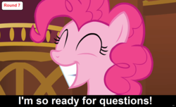 Size: 1600x973 | Tagged: safe, pinkie pie, earth pony, pony, comic:celestia's servant interview, g4, caption, cs captions, eyes closed, female, grin, interview, mare, smiling, solo