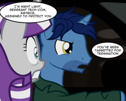 Size: 2620x2110 | Tagged: safe, artist:badumsquish, derpibooru exclusive, night light, twilight velvet, pony, unicorn, g4, car chase, clothes, coat, dialogue, driving, duo, female, five o'clock shadow, frown, high res, kyle reese, male, messy mane, parody, sarah connor, scared, scene interpretation, scene parody, terminator, the terminator, trenchcoat, wide eyes