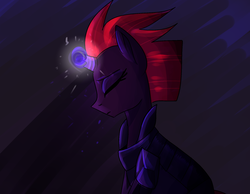 Size: 1800x1400 | Tagged: safe, artist:1racat, tempest shadow, pony, unicorn, g4, my little pony: the movie, abstract background, armor, broken horn, eyes closed, female, horn, magic, sad, solo, sparking horn