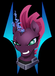 Size: 2643x3693 | Tagged: safe, artist:pursuer-of-darkness, tempest shadow, pony, unicorn, g4, my little pony: the movie, armor, black background, broken horn, bust, evil grin, eye scar, female, glowing horn, grin, high res, horn, magic, portrait, scar, simple background, smiling, solo, sparking horn
