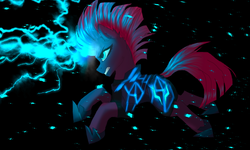 Size: 2300x1376 | Tagged: safe, artist:thenightdarksecret, tempest shadow, pony, unicorn, g4, my little pony: the movie, armor, black background, broken horn, ear fluff, female, gritted teeth, horn, lightning, magic, running, simple background, solo, sparking horn