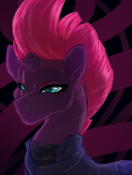 Size: 987x1305 | Tagged: safe, artist:jaw2002, tempest shadow, pony, unicorn, g4, my little pony: the movie, abstract background, armor, broken horn, eye scar, female, frown, horn, scar, solo